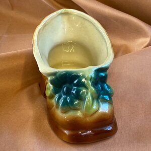 1950s Vintage Shawnee Pottery Boot Planter Brown Glaze with Blue/Green Flowers